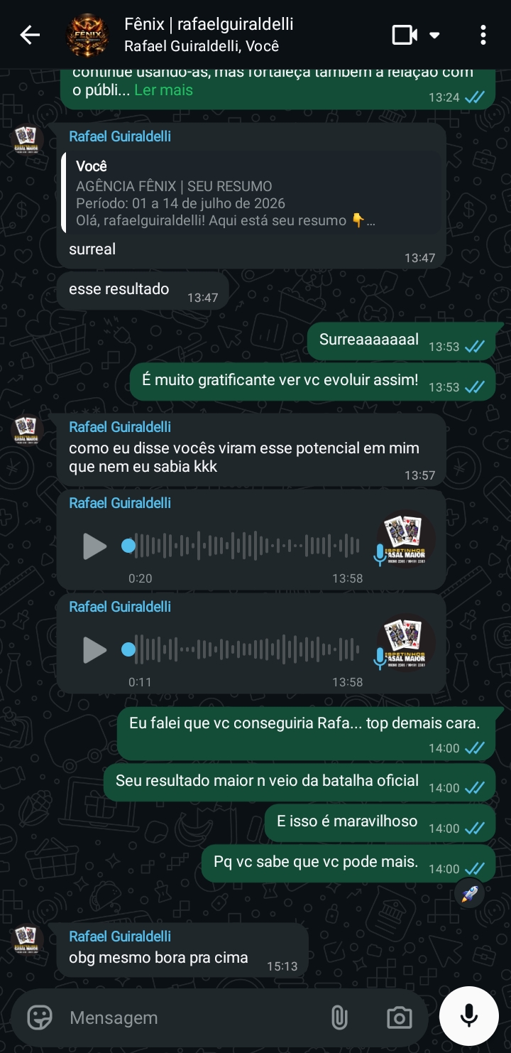 Conversa no WhatsApp em que o host Rafael Guiraldelli comemora seu resultado: 'surreal esse resultado... vocês viram esse potencial em mim que nem eu sabia'