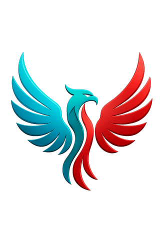 Logo da Agência Fênix: uma fênix de asas abertas, a esquerda turquesa e a direita vermelha